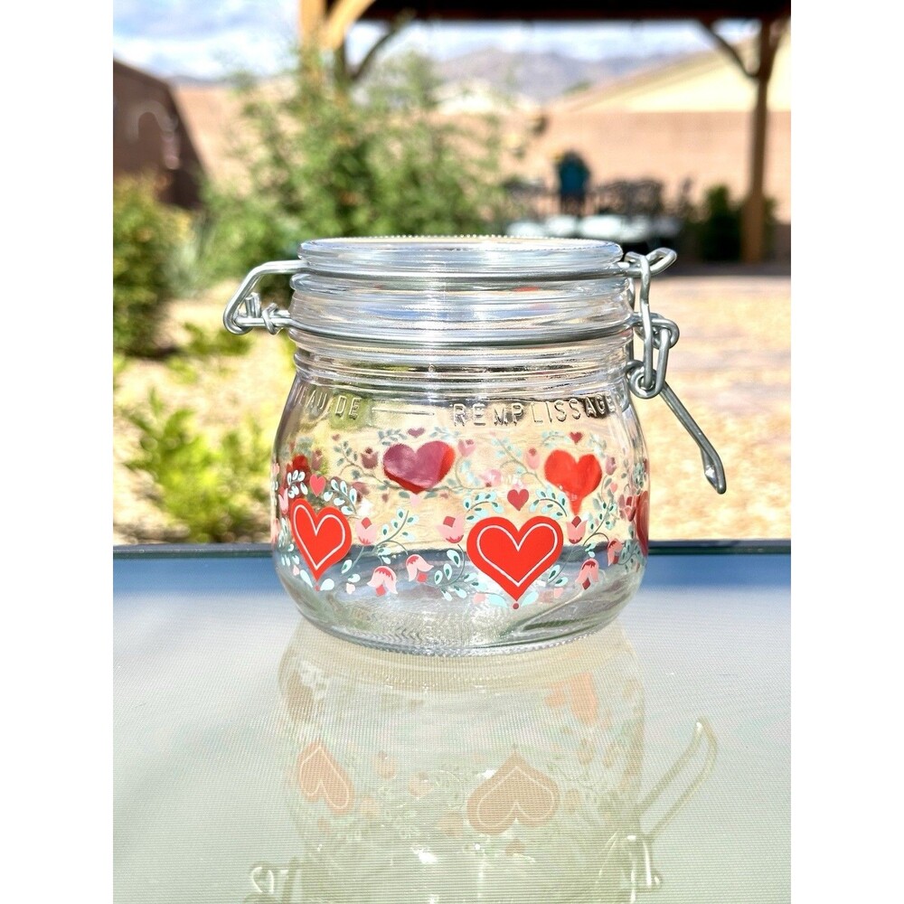 Vintage Arc France Nice Au De Remplissage Hearts & Flowers Canister/Jar 1/2 L.